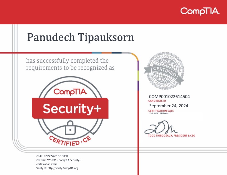 CompTIA Security+ ce certificate